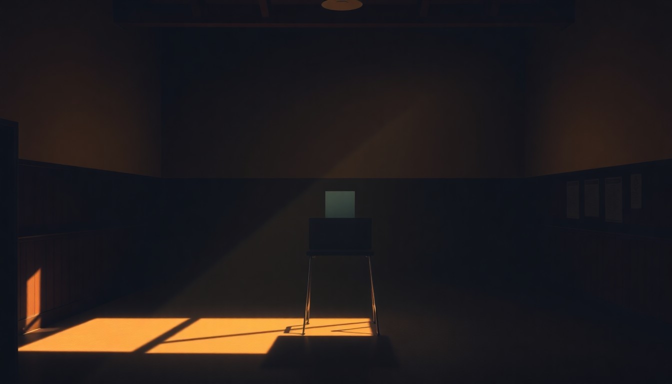 A photorealistic painting of a lone voting booth in a dimly lit room, with warm sunlight streaming through a window and creating deep shadows, conveying a sense of the importance and solemnity of the democratic process.