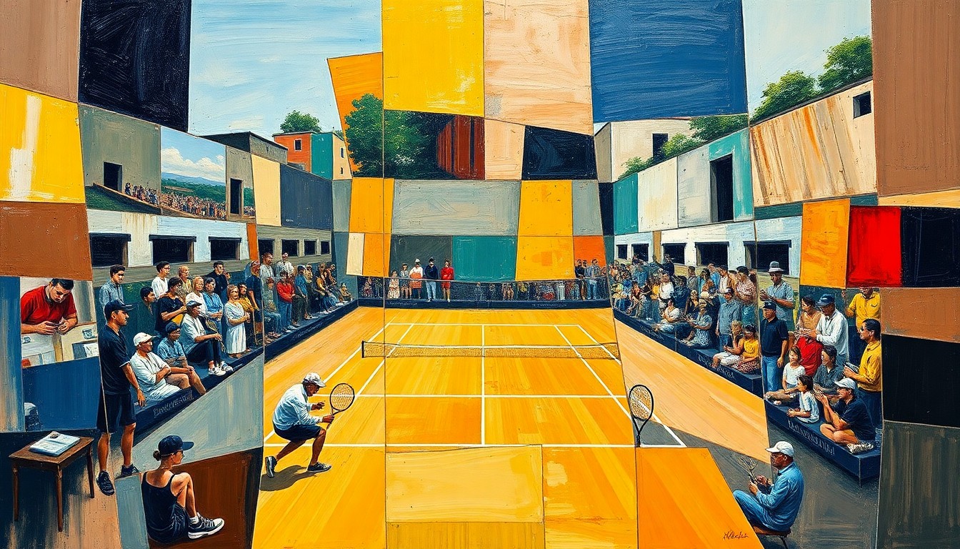 A cubist, geometric painting depicting a tennis match between two players, with their figures and the court broken down into sharp, overlapping planes of color and shape, capturing the dynamic energy and strategic complexity of the sport.