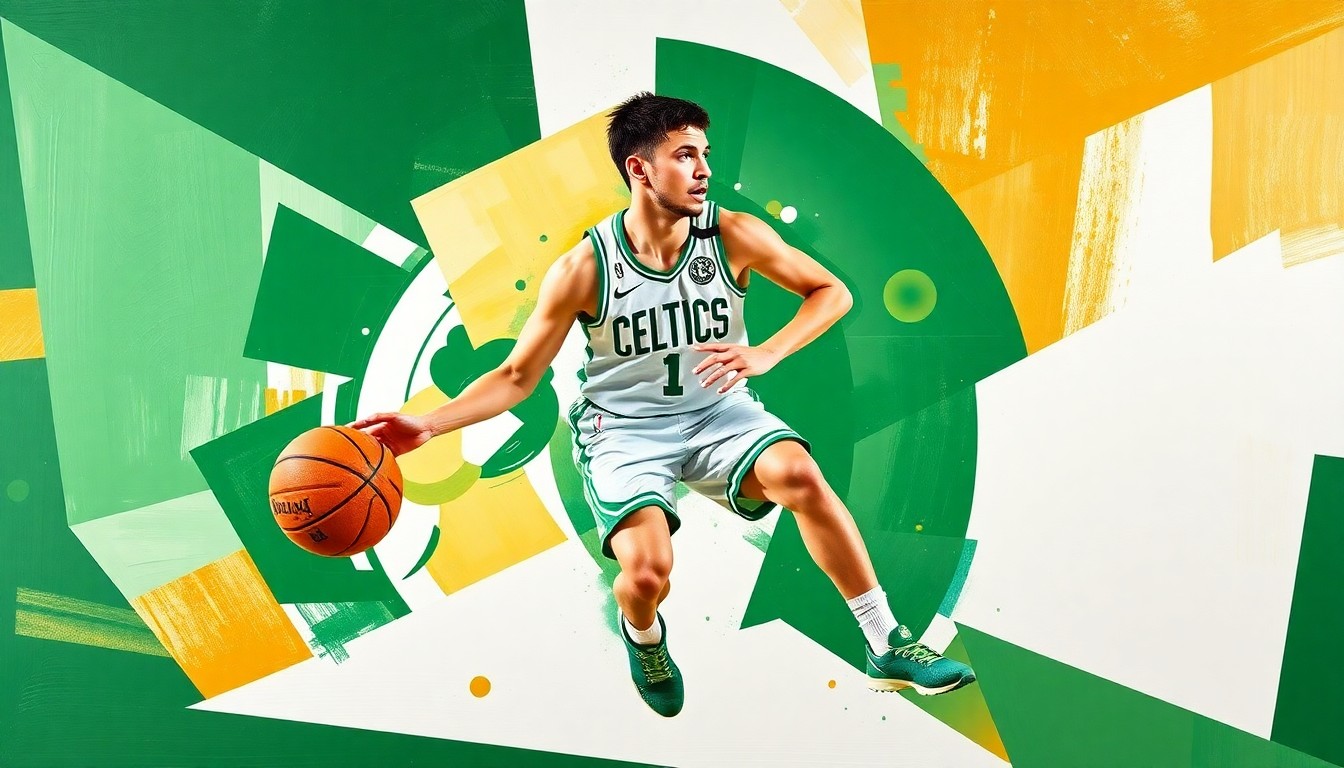 A cubist-style painting depicting Jayson Tatum's basketball movements and comeback in a fractured, multi-perspective style, using vibrant green, white, and gold colors to represent the Boston Celtics.