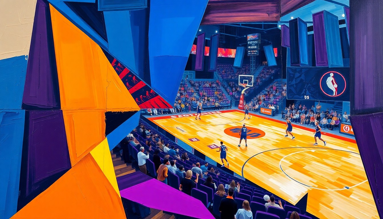 A cubist, geometric painting depicting a WNBA basketball game, with players and the court broken down into sharp, overlapping planes of color, capturing the dynamic energy and complexity of the sport.