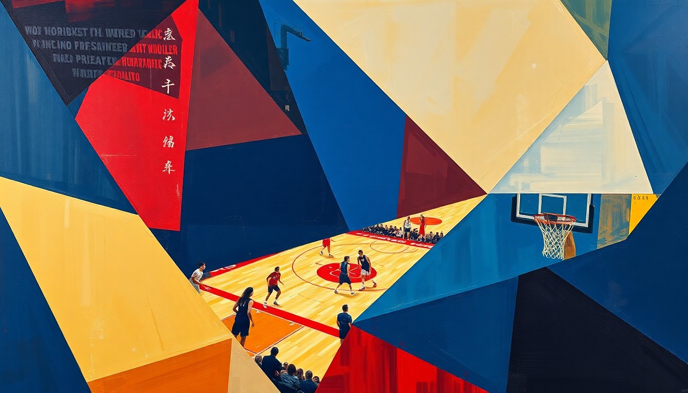 A cubist, geometric painting depicting the fragmented movements and perspectives of a women's basketball game, using bold colors and sharp, overlapping shapes to capture the dynamic energy of the sport.
