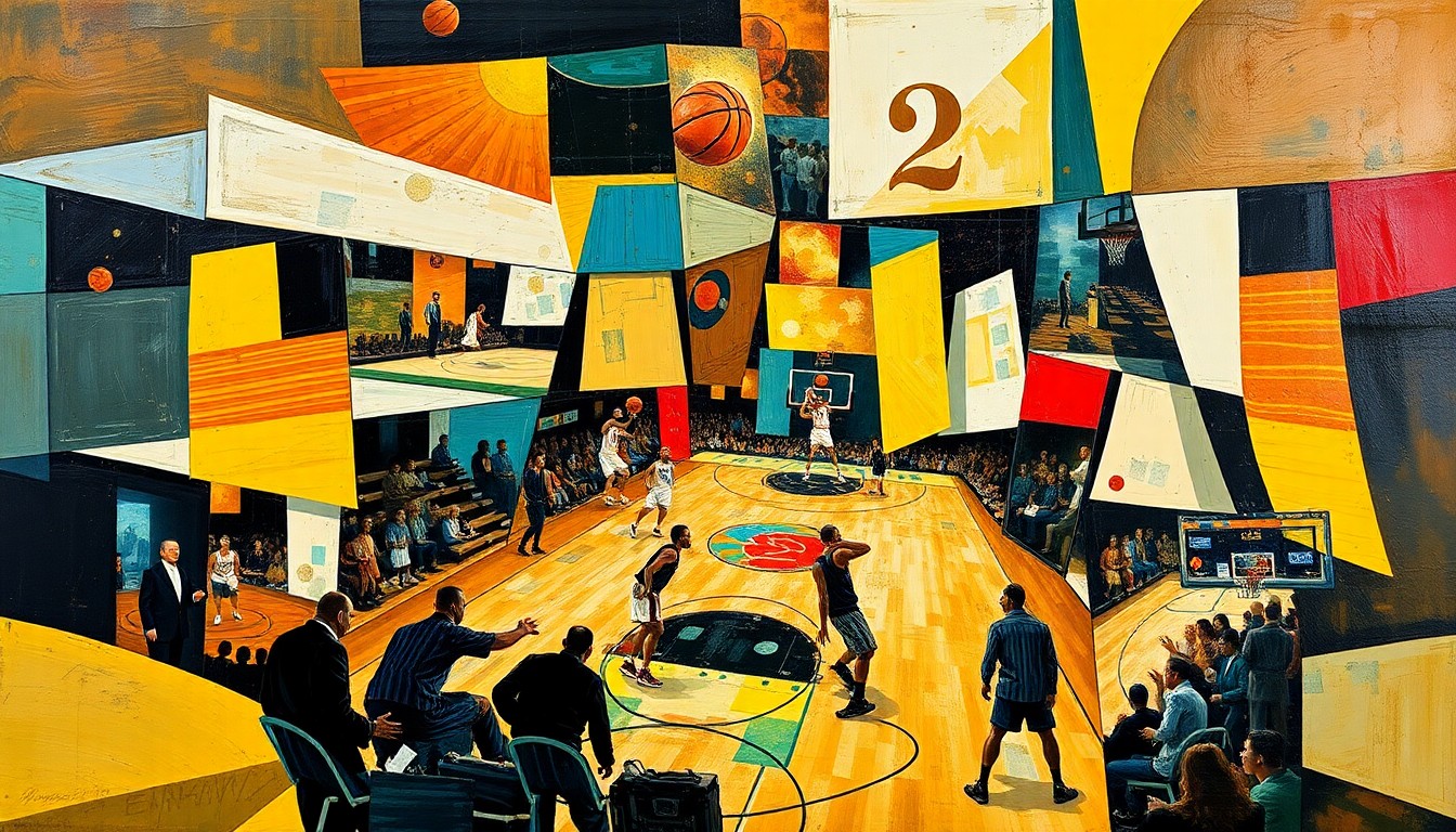 A cubist-style painting depicting a basketball game, with the players and court broken down into fragmented geometric shapes and planes of color.