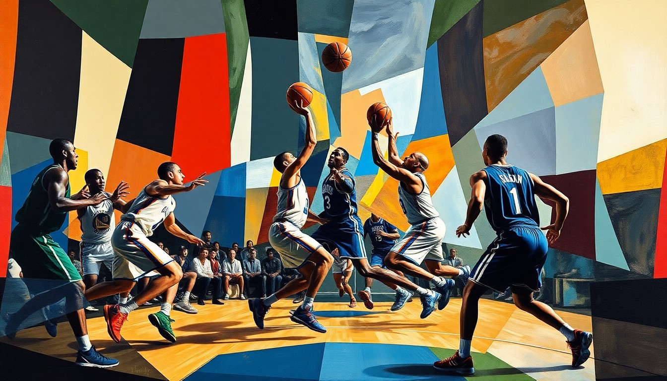 A cubist, geometric painting depicting the dynamic motion and energy of a basketball game, with the players' forms deconstructed into abstract shapes and planes of color.