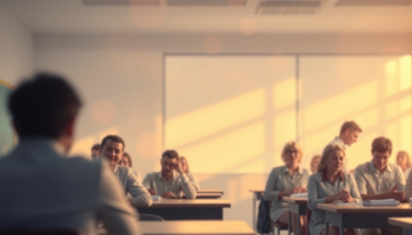 An extremely abstracted, out-of-focus photograph of a classroom scene, with soft, warm pools of light and color creating a dreamlike, atmospheric quality that captures the emotion and uncertainty surrounding the impending teachers' strike.
