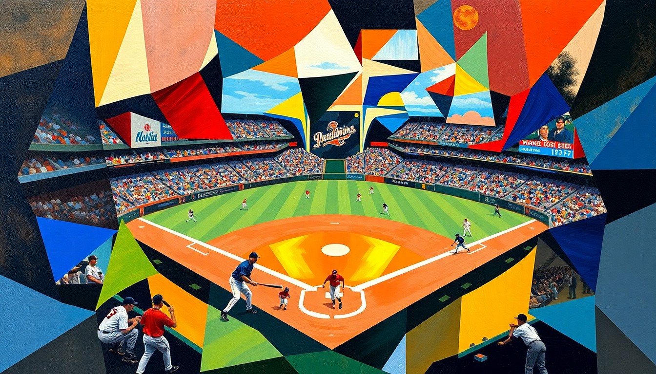 A cubist-style painting depicting a baseball game, with the players and field broken down into sharp, overlapping geometric shapes in vibrant colors, capturing the energy and movement of the sport.