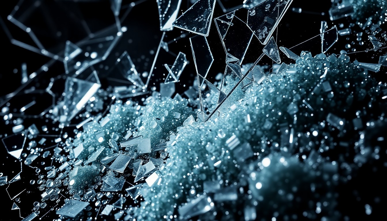 An extreme close-up photograph of shattered glass and glittering sequins, creating a high-contrast, abstract texture that evokes the complex emotions and hidden narratives behind the facade of reality TV stardom.