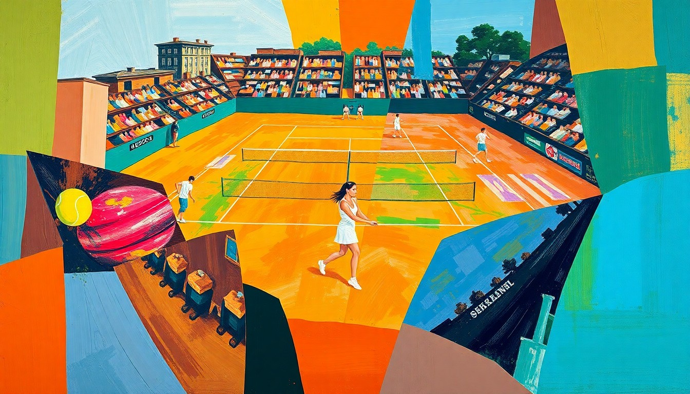 A cubist, geometric painting depicting the dynamic tennis match between Paula Badosa and Lilli Tagger, with overlapping planes of color and movement capturing the energy and tension of the encounter.