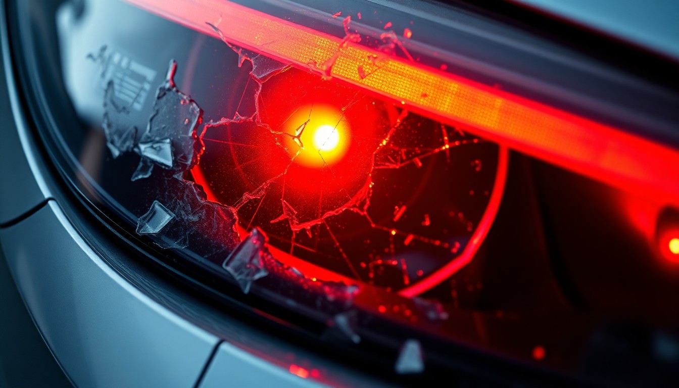 An extreme close-up of a shattered car sensor lens reflecting a faint red light, conceptually illustrating the vandalism of self-driving cars.