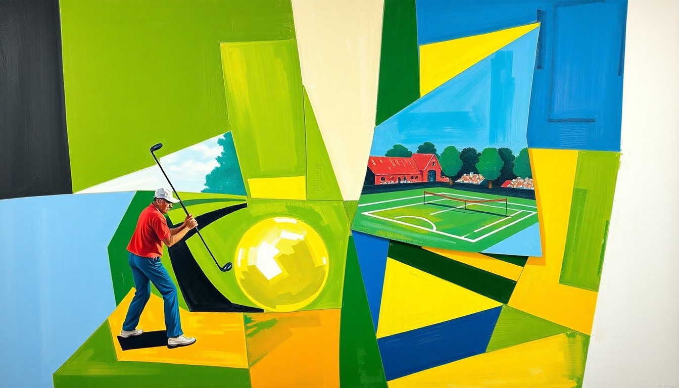A fragmented, geometric painting depicting a golf match and a tennis match, with overlapping planes of color in green, blue, and yellow, conveying the couple's athletic talents and their unique bond.
