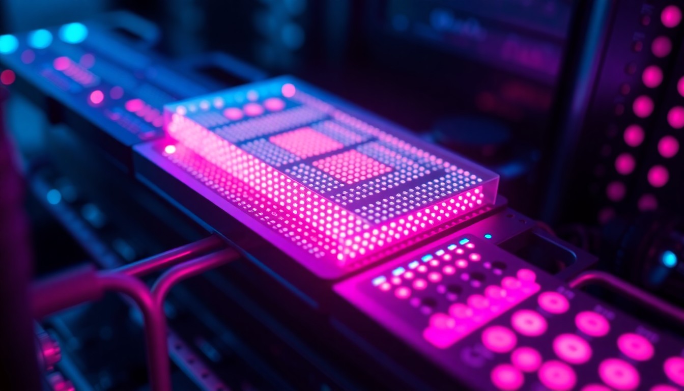 A highly detailed, glowing 3D illustration of a complex quantum computing processor or server rack, with intricate circuitry and components illuminated by vibrant neon lights, conceptually representing the technological advancements that could impact the future of cryptocurrency.