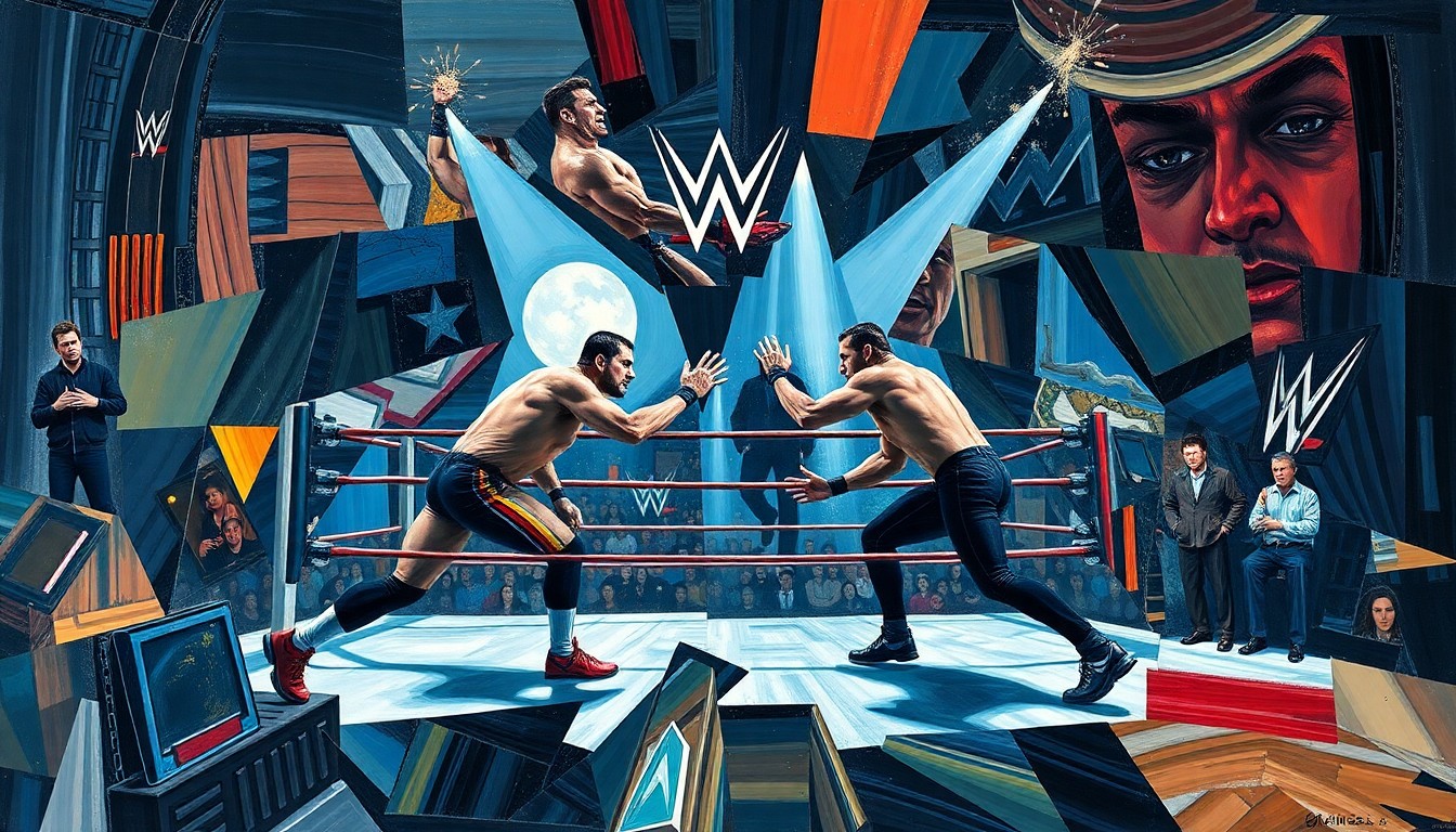A fragmented, geometric painting depicting the chaotic movements and clashing of two wrestlers in a WWE match, with their forms broken down into sharp, overlapping planes of color and shape.