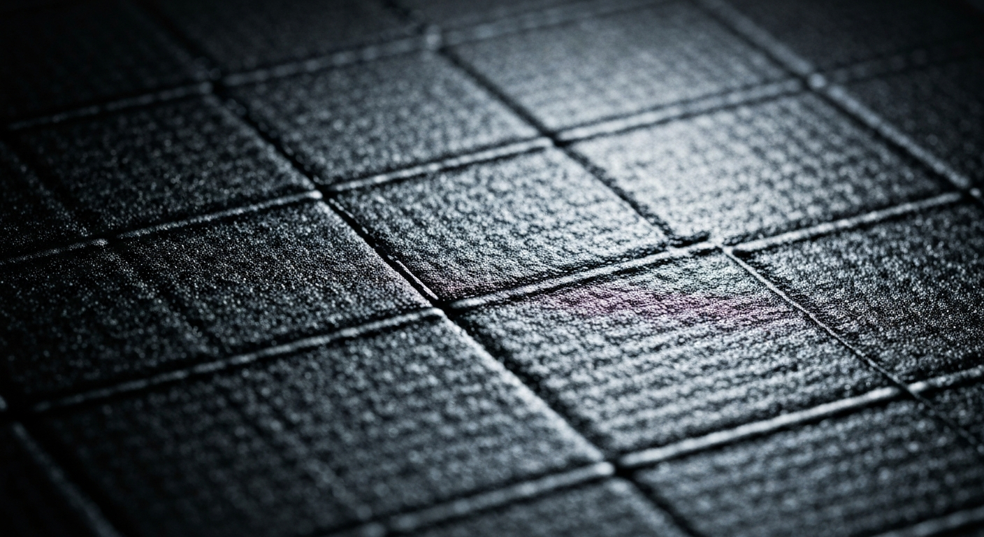 An extreme close-up of the textured surface of a lithium-ion battery cell, rendered in dramatic, high-contrast lighting. The raw materials and engineering of the battery are the focus, conveying a sense of technological innovation and progress.