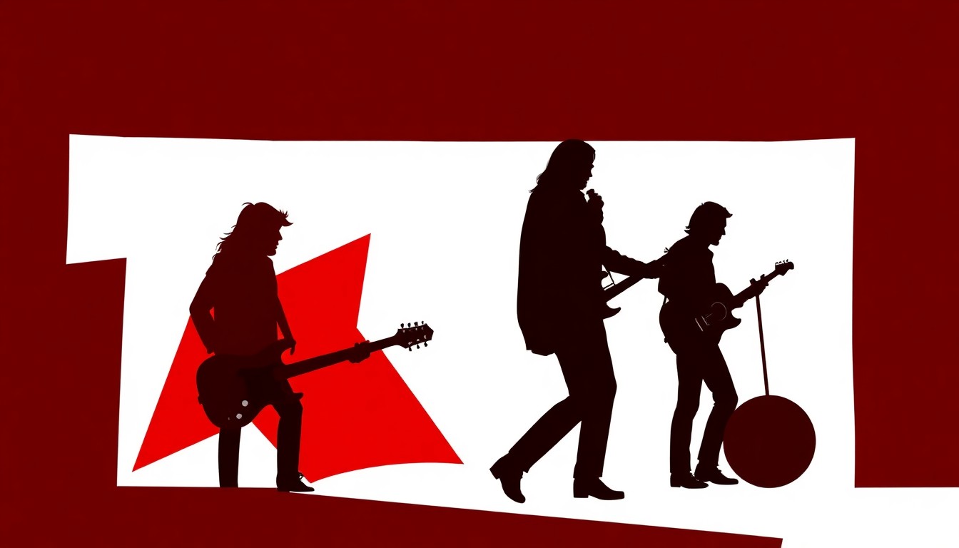 A striking abstract composition featuring bold, jagged geometric shapes in high-contrast red and black, conceptually representing the creative tensions and personal conflicts that shaped the music of legendary bands.