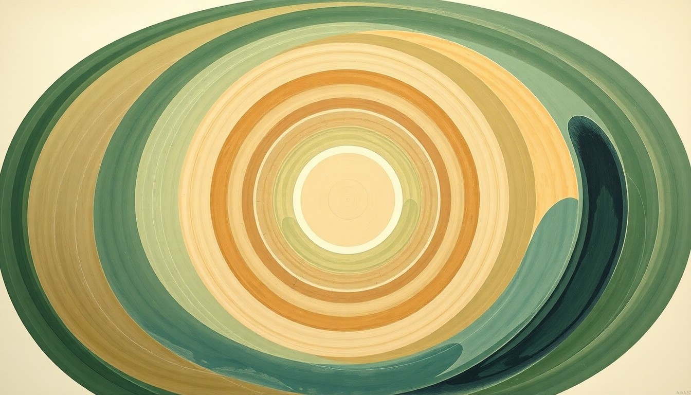 A highly structured abstract painting in soft, earthy tones of green, brown, and blue, featuring sweeping geometric arcs, concentric circles, and precise botanical spirals, conceptually representing the delicate balance of natural and anthropogenic forces driving the rapid rise in atmospheric methane.