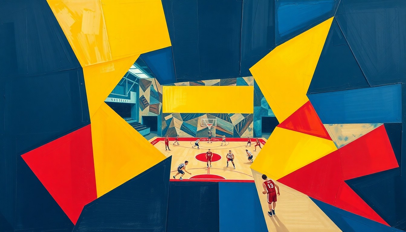 A cubist, geometric painting depicting a high school sports game, with sharp, overlapping planes of navy blue, gold, and red representing the dynamic action on the field.