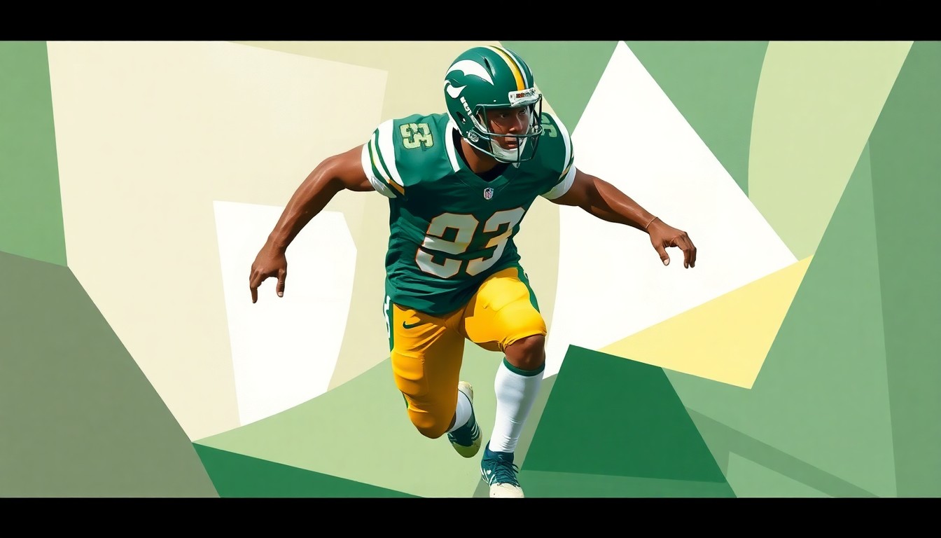 A cubist, geometric painting depicting a football player in motion, with sharp, overlapping planes of green, white, and gold colors representing the Saskatchewan Roughriders' uniform and the player's dynamic movements on the field.