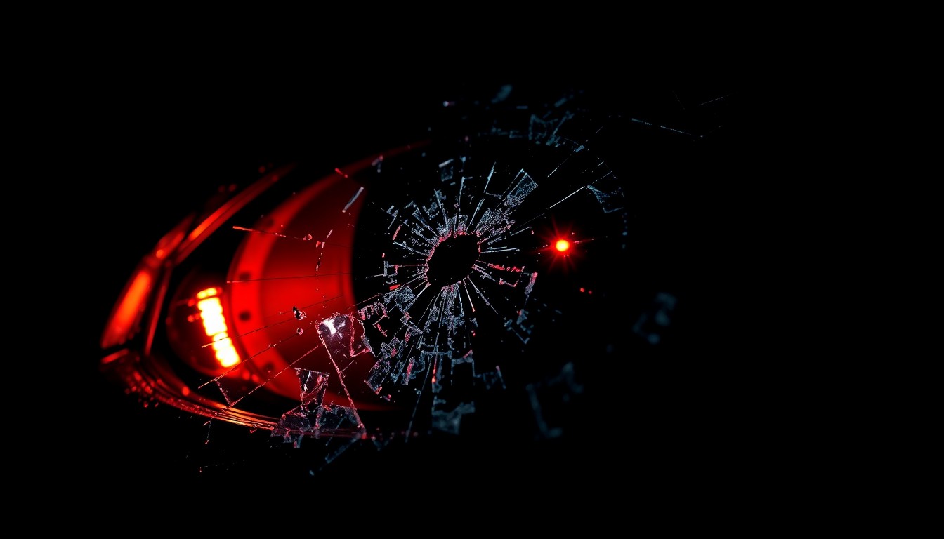 An extreme close-up of a shattered car sensor lens reflecting a faint red light, conceptually illustrating the vandalism of self-driving cars.