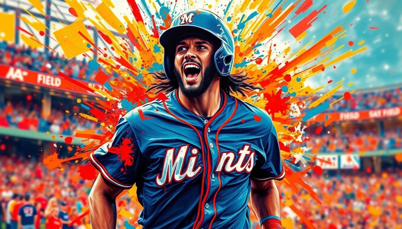 An abstract, expressionist painting featuring bold, neon-colored brushstrokes that capture the raw energy and emotion of a baseball player's homecoming, with his face and uniform dissolving into a colorful, unrecognizable blur.