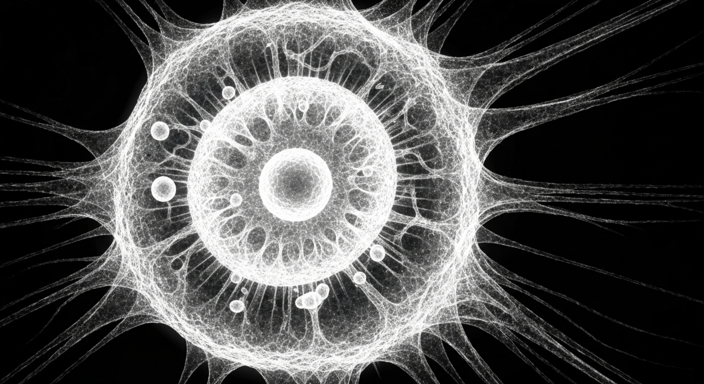 A ghostly, translucent X-ray photograph revealing the intricate internal structures of a dendritic cell, conceptually illustrating the importance of these immune cells in cancer immunotherapy research.