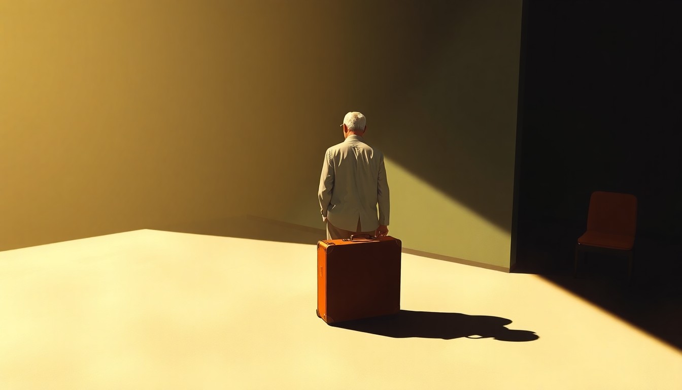A detailed, photorealistic painting of a suitcase and beach attire on a tropical beach, with warm, golden light and deep shadows, conveying a sense of solitude and disconnect from the struggles of the people.
