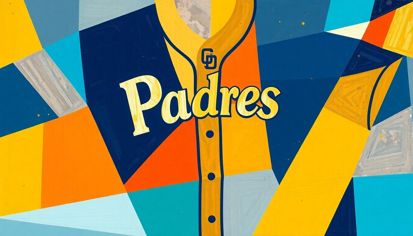 A cubist, geometric painting depicting the Padres' new City Connect baseball uniforms, with sharp, overlapping planes of bone, obsidian, marigold, aqua, fireberry, and Padres gold colors, conceptually representing the team's celebration of San Diego's diverse culture.