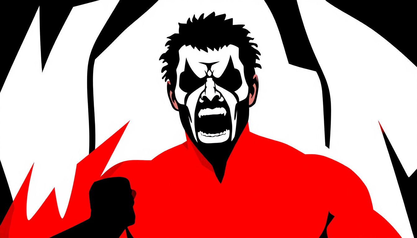 An abstract, minimalist illustration featuring sharp, jagged shapes in bold red and white, conceptually representing the surprise and unconventional nature of Danhausen's WWE debut.