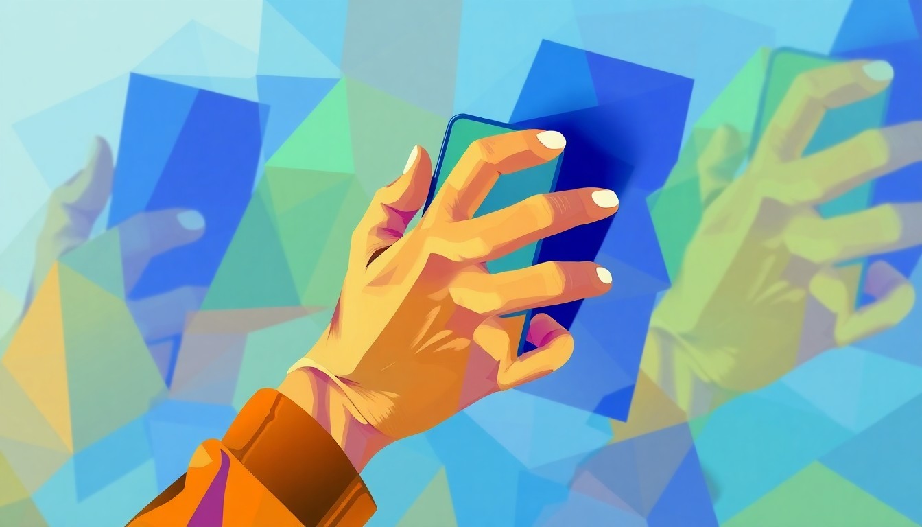 A dynamic, abstract painting featuring a fragmented image of a student's hand holding a smartphone, rendered in bold, overlapping brushstrokes of blue, green, and orange, conceptually representing the disruptive impact of cell phones in the classroom.