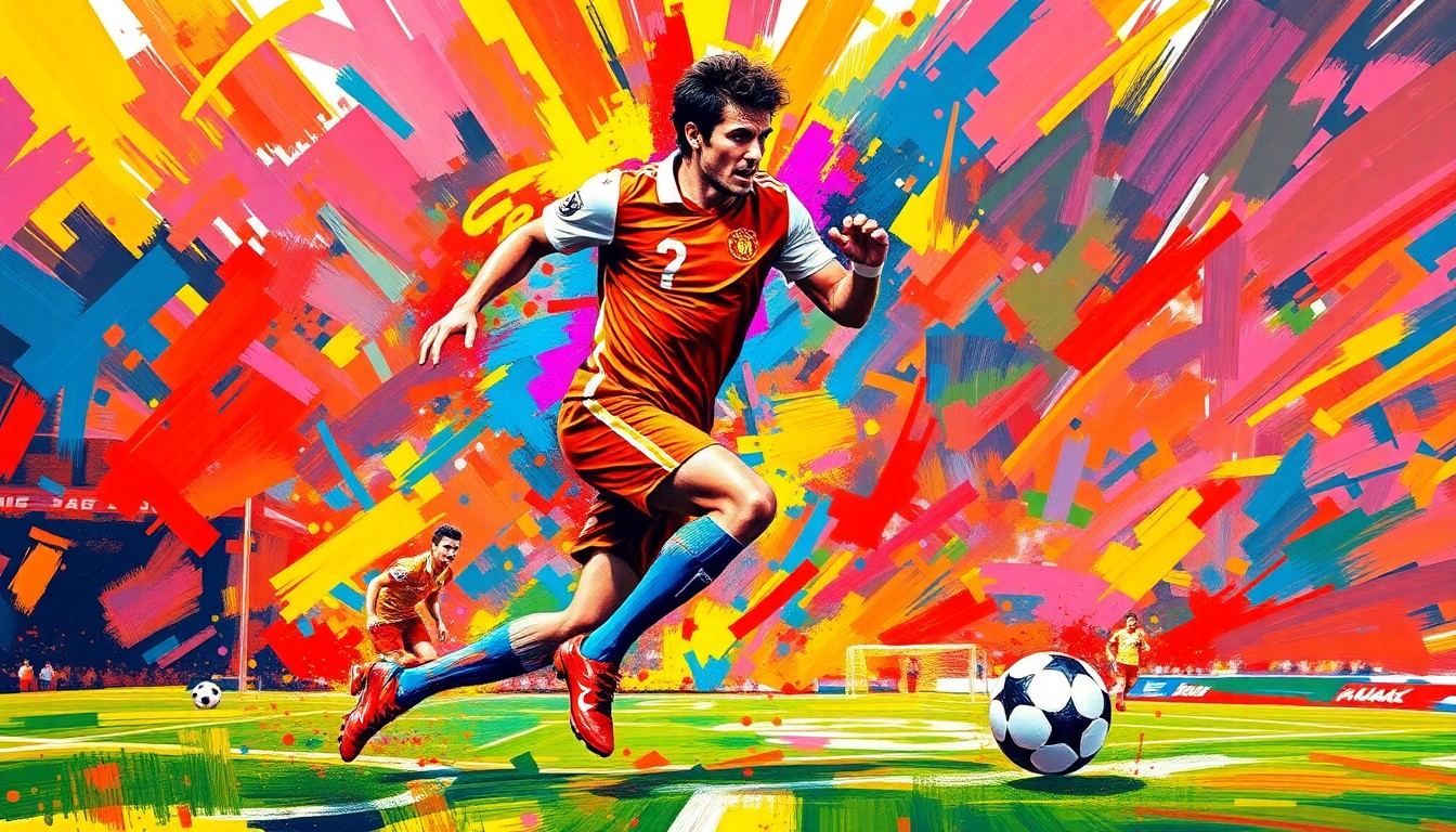An abstract, energetic painting in neon colors depicting the dynamic movements of a football player, conveying the raw athleticism and determination of Oswin Appollis' rise to success.