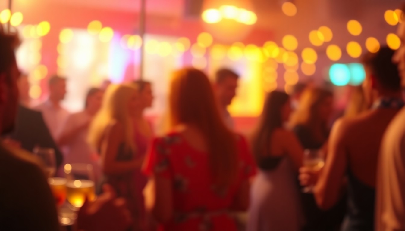 An extremely abstracted, out-of-focus photograph of a cocktail party scene, with soft, warm pools of light and color creating a dreamy, atmospheric mood that captures the essence of intimate social gatherings.