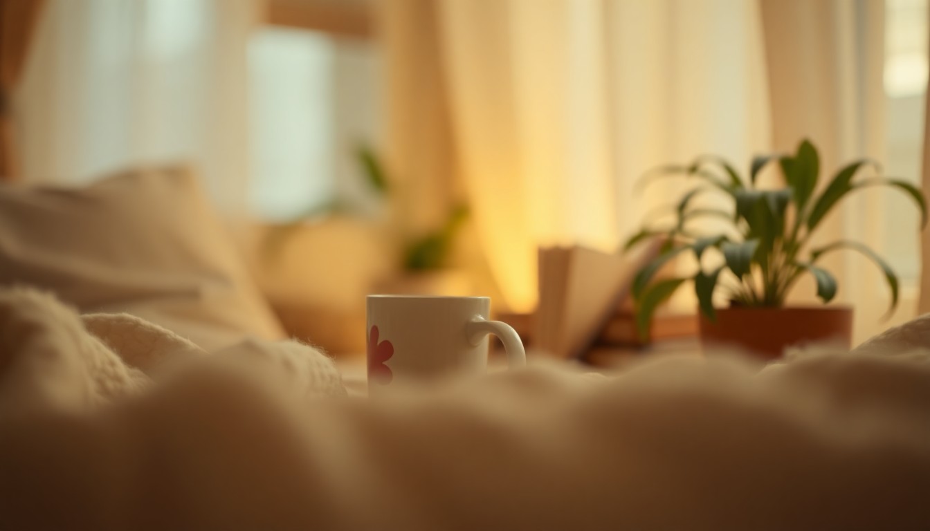 An extremely abstracted, out-of-focus photograph in warm, muted tones depicting a cozy, domestic scene with hints of everyday lifestyle objects, conveying a sense of comfort and introspection.