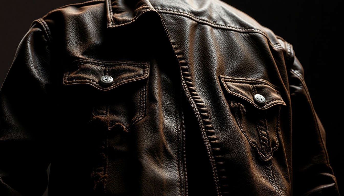 An extreme close-up of a tattered, weathered leather jacket, its texture and lighting capturing the gritty, rebellious spirit of heavy metal music.