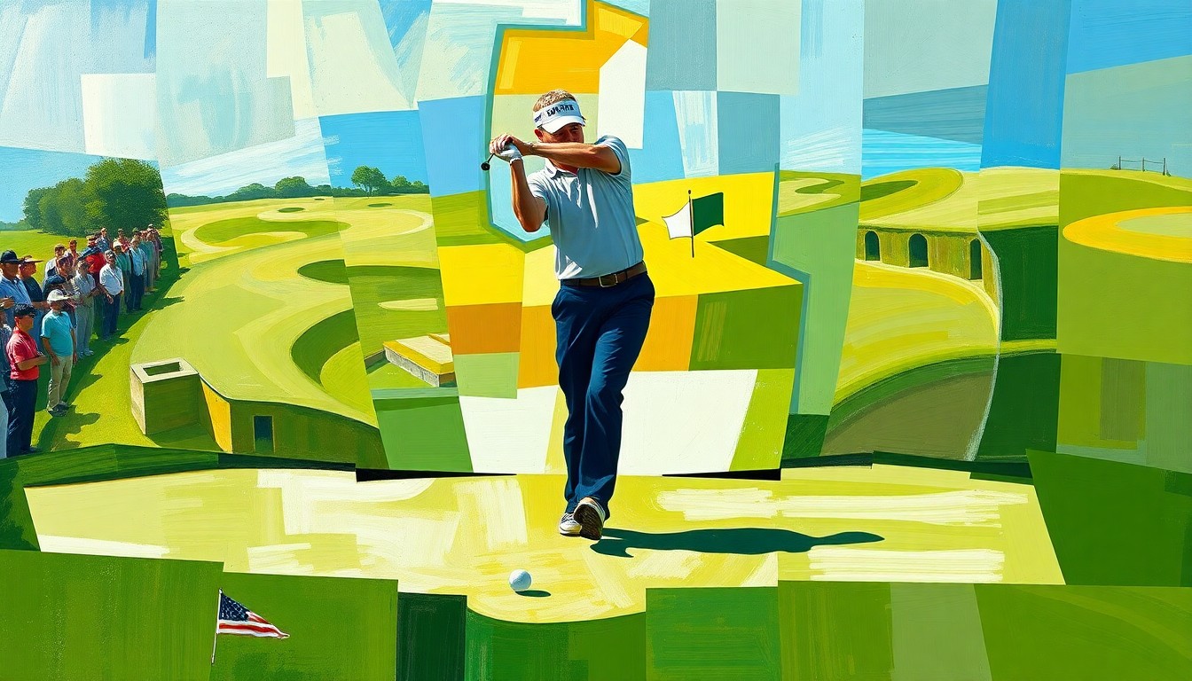 A fractured, multi-perspective painting in the style of Pablo Picasso, breaking down the golf action on the 15th green into sharp, overlapping geometric planes, capturing the raw emotion and frustration of the moment.