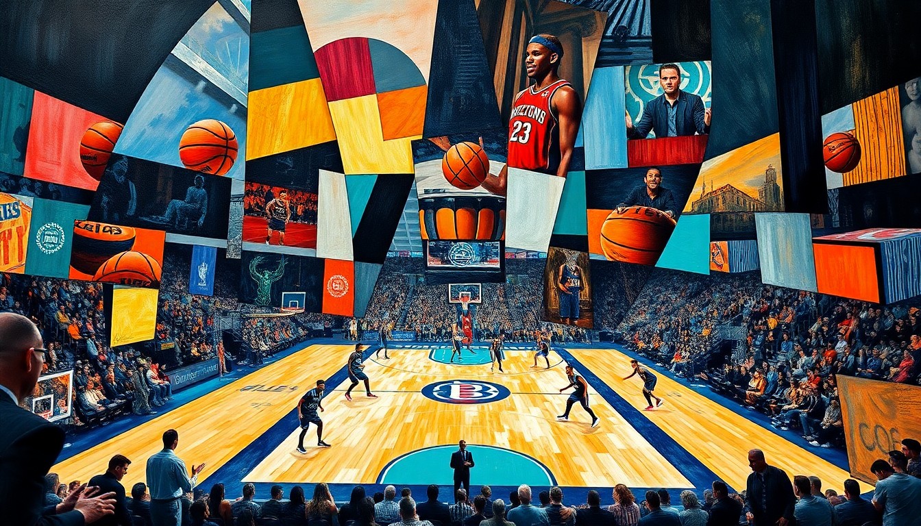 A cubist, geometric painting depicting a basketball game between the Charlotte Hornets and Detroit Pistons, with the players and court broken down into sharp, overlapping shapes and planes, conveying the intensity and tension of their play-in tournament clash.