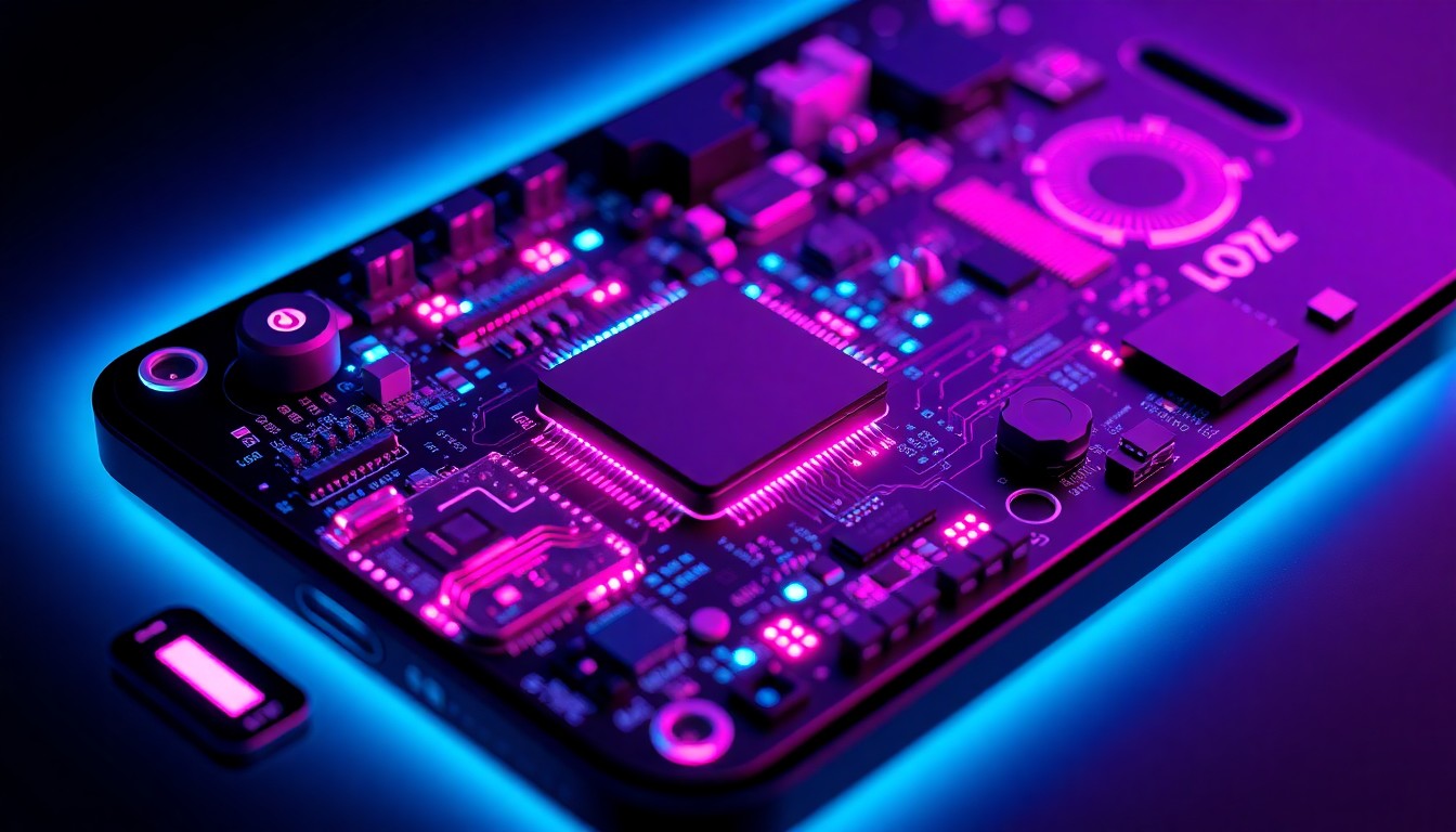 A highly detailed, glowing 3D macro illustration of an iPhone's internal hardware components, including the processor, memory chips, and circuit boards, all illuminated by neon cyan and magenta lights, conceptually representing the complex digital infrastructure powering modern smartphones and the critical need to protect this technology from cyber threats.