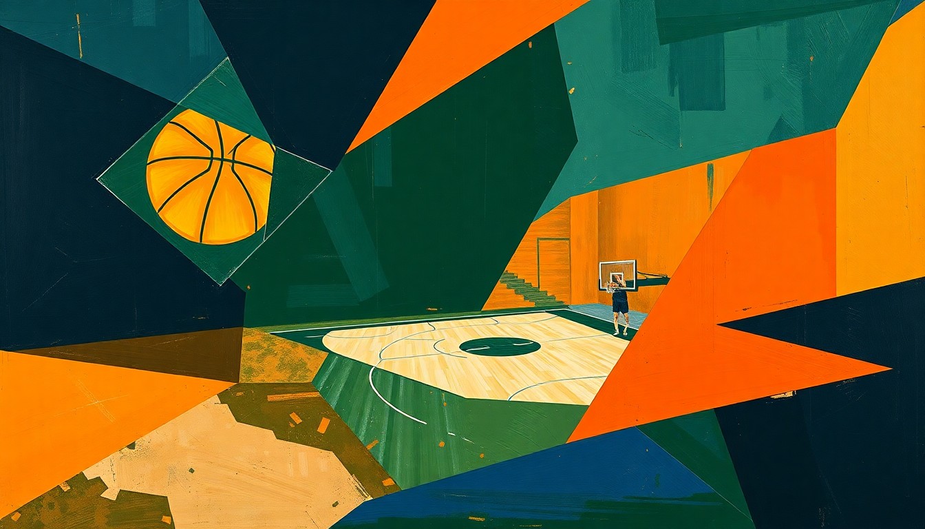 A cubist, geometric painting depicting the chaotic action of a college basketball game, with overlapping planes of navy, green, and orange conveying the energy and intensity of the sport.