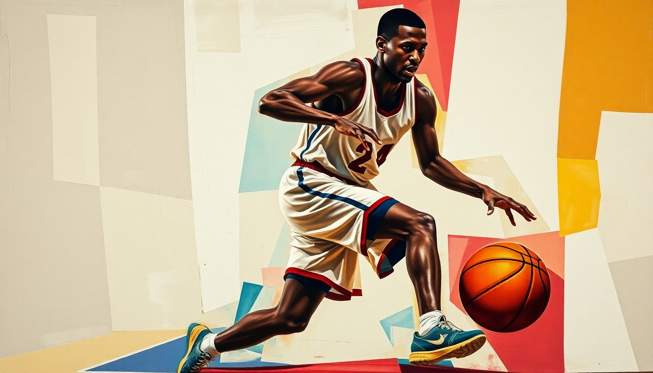A fragmented, geometric painting depicting a basketball player in motion, with the court and ball broken down into abstract shapes and forms, conveying the dynamism and unpredictability of the sport.
