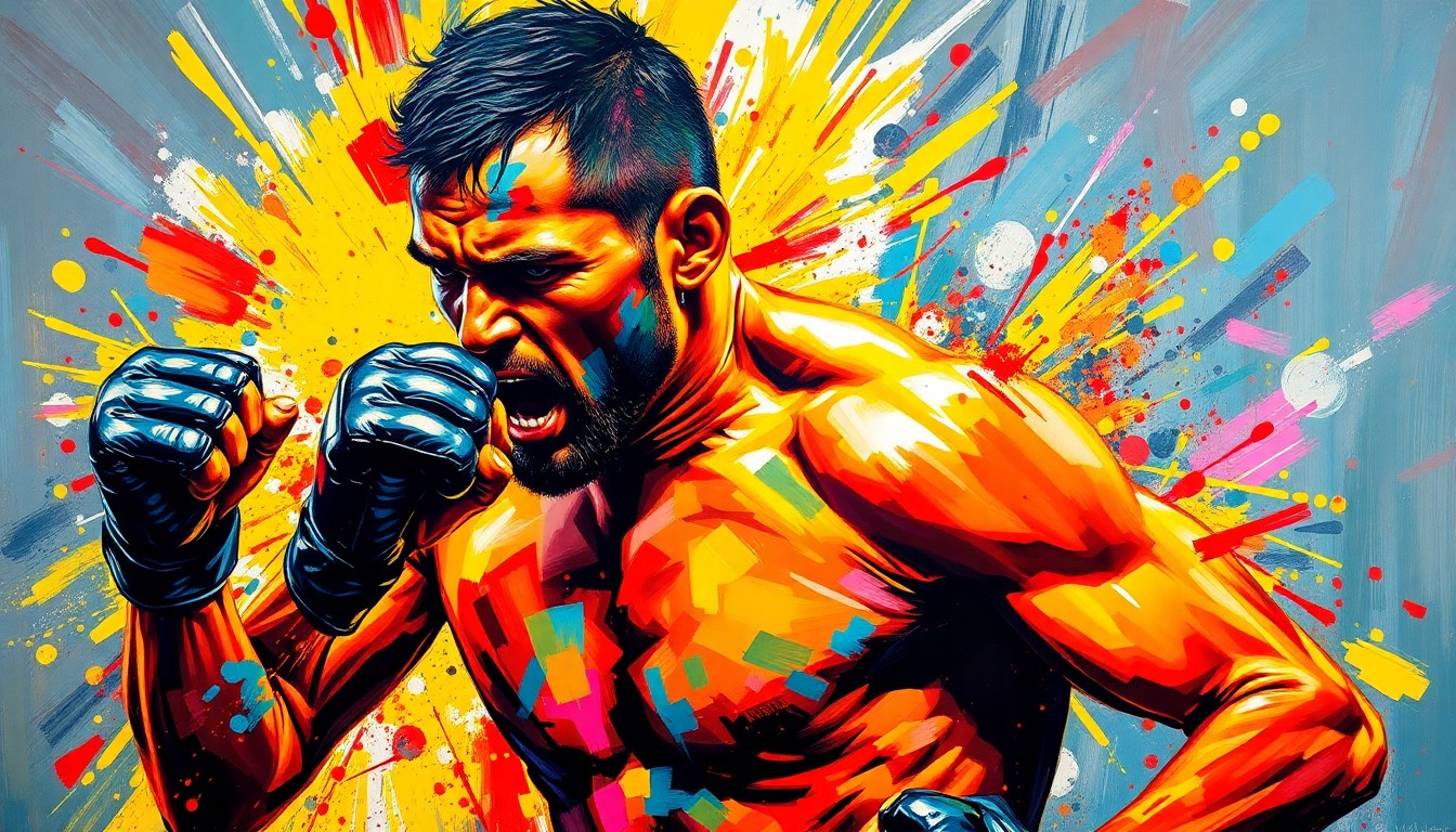 An abstract, expressionist painting in vibrant neon colors, capturing the raw energy and intensity of a UFC fighter in mid-action, with their face and body dissolving into unrecognizable splatters of color.