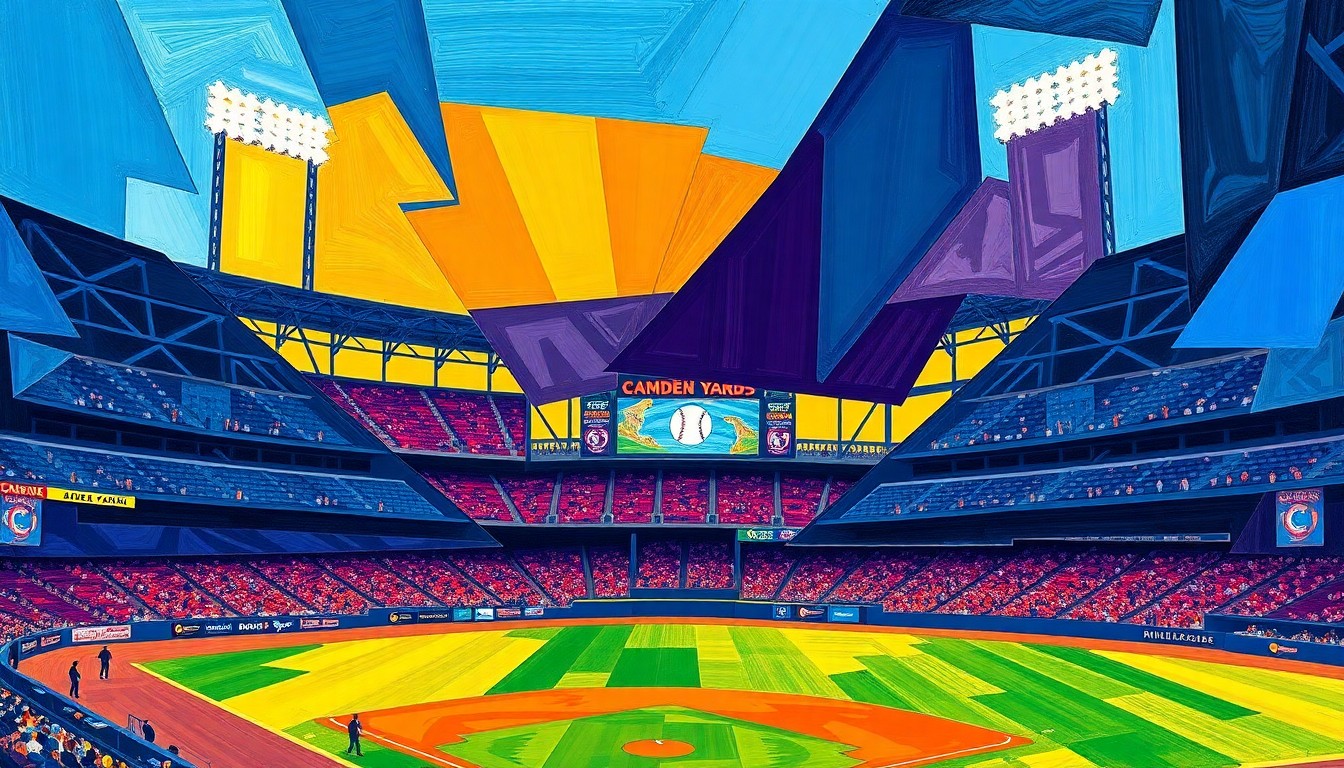 A cubist-style painting depicting a baseball game at Camden Yards, with the field and players broken down into sharp, overlapping geometric shapes in a vibrant color palette of blues, oranges, and purples.