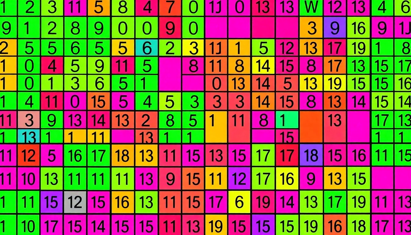 A bold, colorful silkscreen-style illustration featuring repeating patterns of iconic puzzle elements like crossword grids, sudoku numbers, and word jumble letters, all rendered in a high-contrast, neon-tinged palette reminiscent of Andy Warhol's pop art.