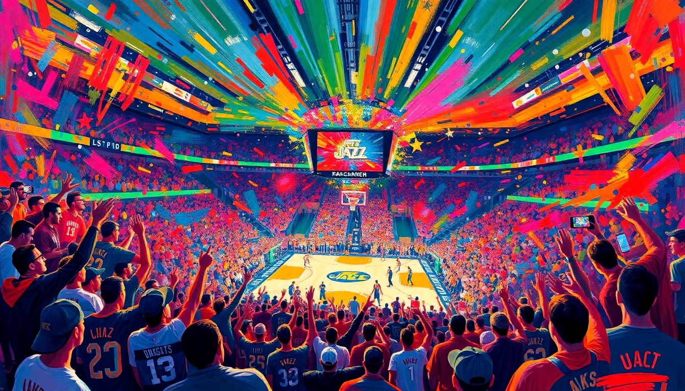 An abstract, energetic painting in neon colors depicting Utah Jazz players and fans celebrating together in the Delta Center arena, capturing the excitement and optimism surrounding the end of the team's rebuilding period.