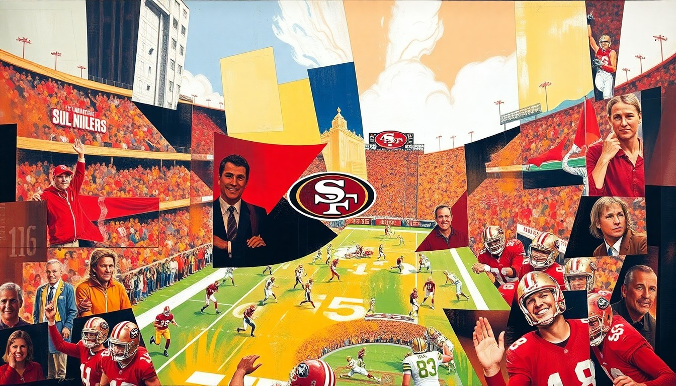 A cubist, geometric painting depicting a fragmented San Francisco 49ers football game, with sharp, overlapping planes of red, gold, and black colors representing the team's colors and the intricate nature of their draft planning.
