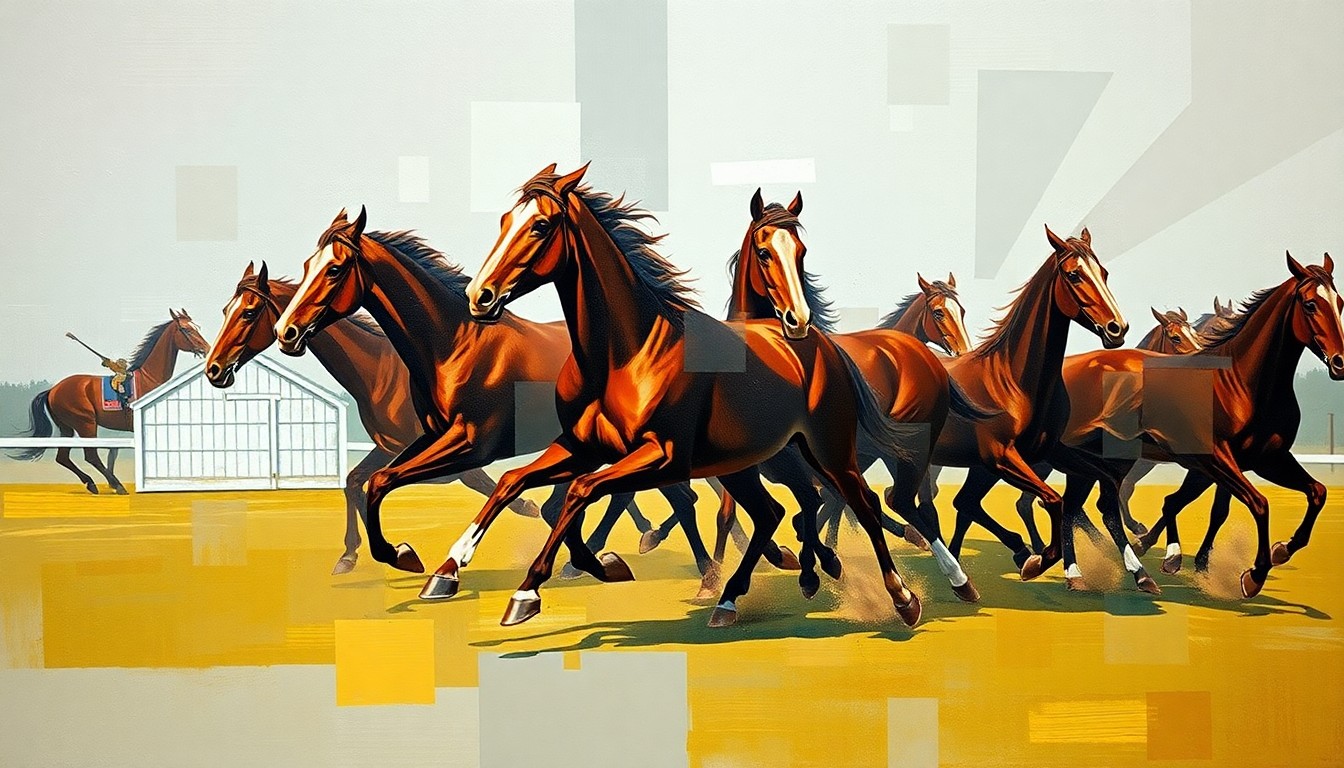A cubist-style painting depicting a horse race or training scene, with the horses and riders broken down into sharp, overlapping geometric shapes and planes in vibrant colors against a muted background, conveying the multifaceted and intricate nature of Shirreffs' training philosophy.