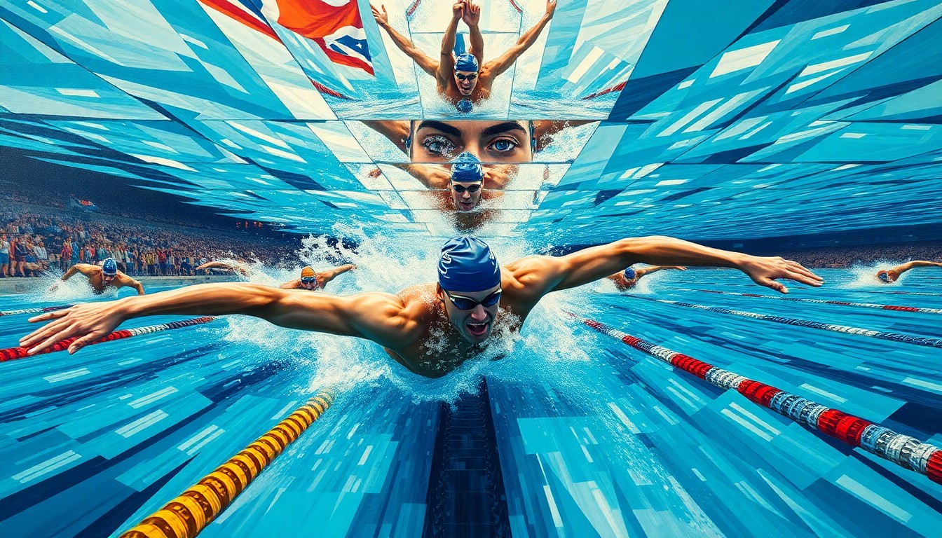 A cubist, geometric painting depicting a swimmer in motion, with overlapping planes of color and form capturing the dynamism and energy of the sport.