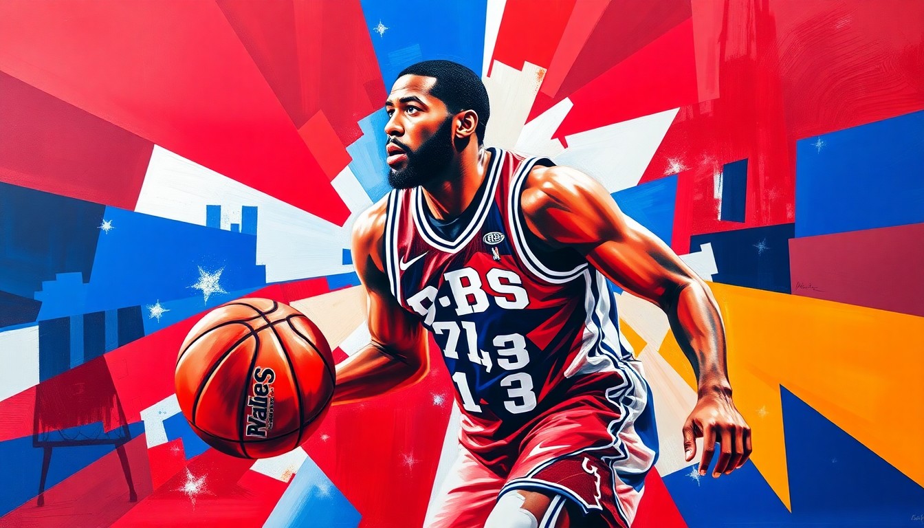 A fractured, cubist-style painting depicting a basketball game or match, with sharp geometric planes in the 76ers' team colors of red, blue, and white, capturing the dynamic energy and movement of the sport.