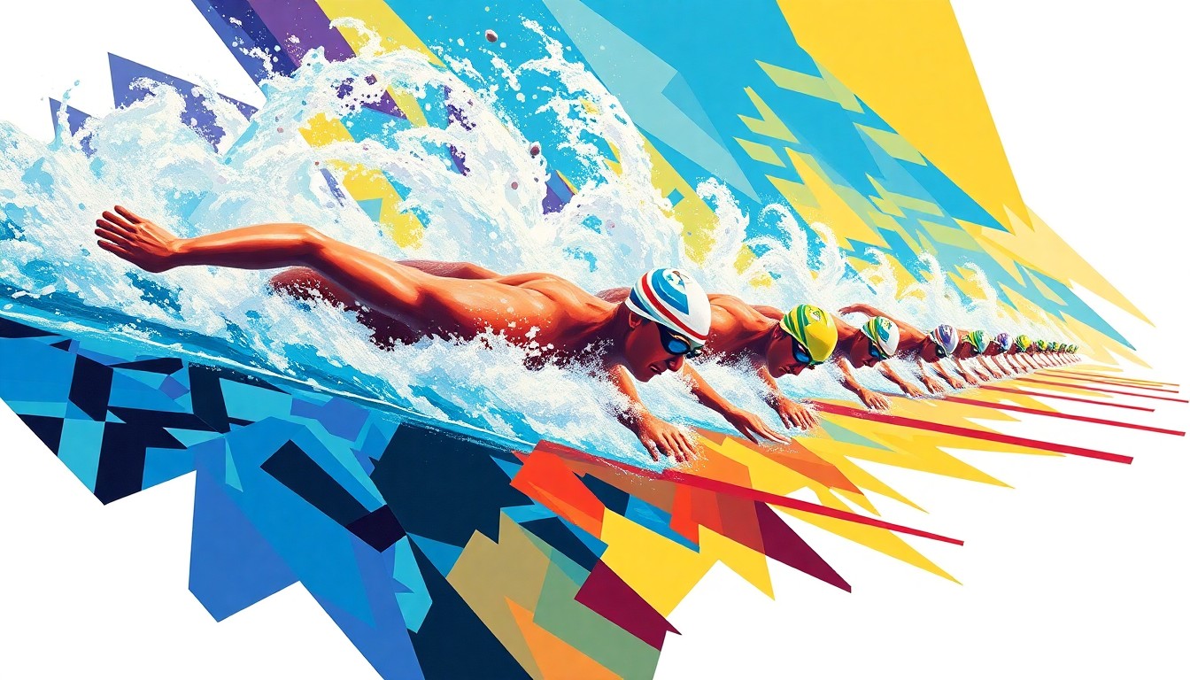 A cubist, geometric painting depicting a college swimming relay race, with the swimmers and pool broken down into sharp, overlapping planes of vibrant colors, capturing the energy and intensity of the competition.