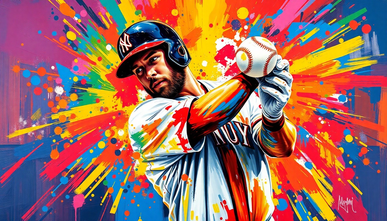 An abstract, expressionist painting featuring vibrant neon brushstrokes and splatters of paint, capturing the raw energy and power of a baseball player's home run swing, with the player's face and the ball dissolving into the dynamic composition.