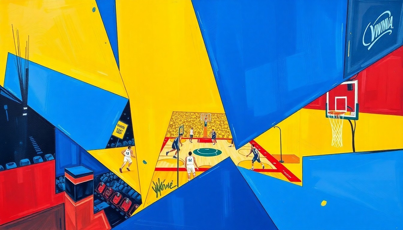 A cubist, geometric painting depicting a fragmented WNBA basketball game, with players and the court broken down into overlapping planes of bold colors, capturing the high-energy and fast-paced nature of the sport.