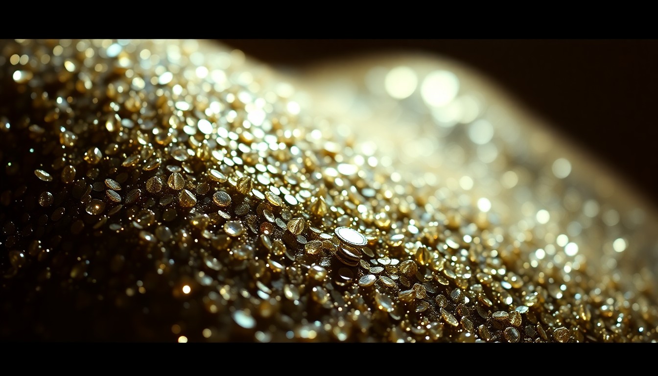 An extreme close-up of sparkling, faceted crystals and shimmering sequins, captured in dramatic, high-contrast studio lighting to create a conceptual representation of the glamour and complexity of a reality TV star's love life.