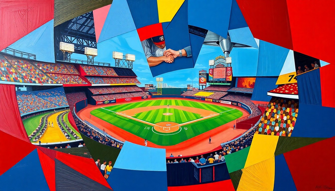 A cubist, geometric painting depicting a fragmented baseball game, with sharp planes of red, blue, and gold representing the colors of the Washington Nationals team. The image conveys the disjointed and frustrating experience of fans unable to access the game due to broadcast issues.