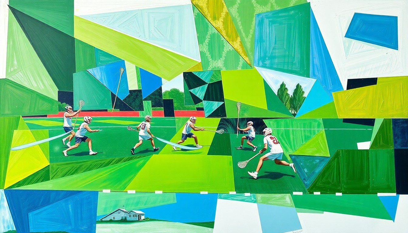 A fragmented, cubist-style painting depicting the overlapping movements and perspectives of a lacrosse game, with sharp planes of vibrant green, blue, and white shapes.
